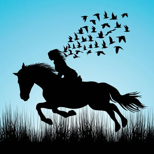 Illustration av kvinnan som rider på en häst och fåglarna flyger — Stock vektor