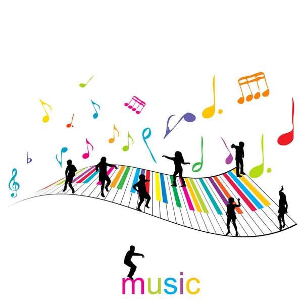 Music poster with piano keys and children silhouettes — Stock Vector