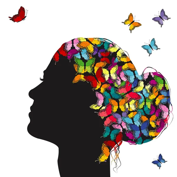 Profil dívky s barevnými motýly — Stockový vektor