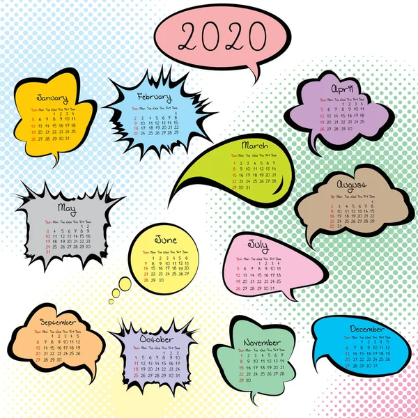 2020 calendar with colored speech bubbles — Stock Vector