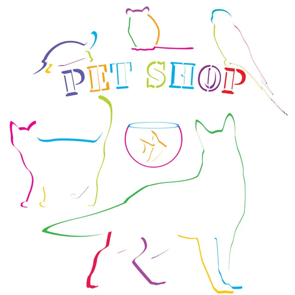 Diseño de tienda de mascotas con mascotas dibujadas a mano de colores — Archivo Imágenes Vectoriales