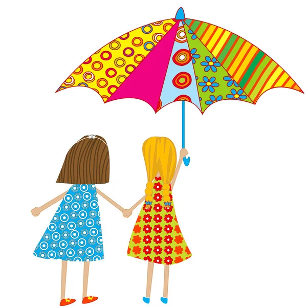 Deux filles de dessin animé avec un parapluie — Image vectorielle