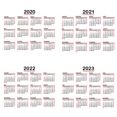 Set of calendars on white background,  years 2020, 2021, 2022, 2 vector