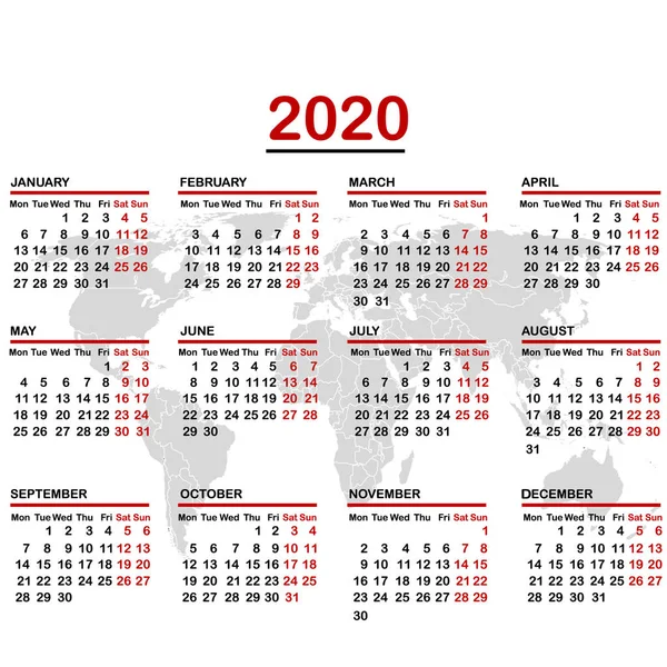 附有世界地图的2020年日历 — 图库矢量图片