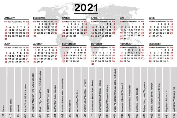 Calendrier 2021 avec carte du monde et fuseaux horaires — Image vectorielle