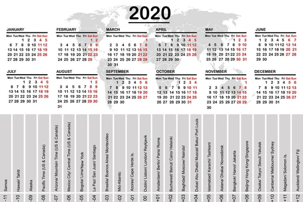 Ημερολόγιο 2020 με παγκόσμιο χάρτη και χρονικές ζώνες — Διανυσματικό Αρχείο