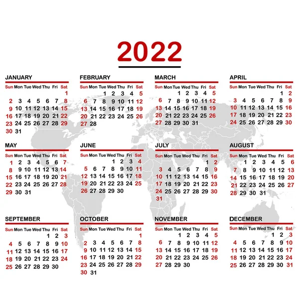 2022年世界地图日历 — 图库矢量图片