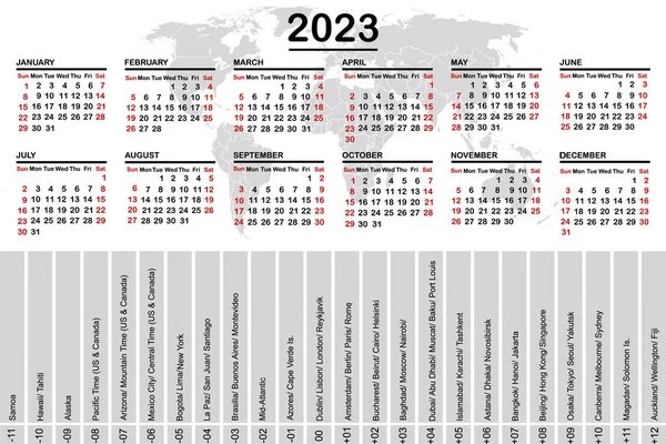 Dünya haritası ve zaman dilimli 2023 takvimi — Stok Vektör