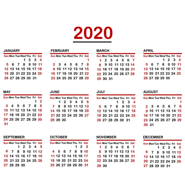 Calendario minimalista del año 2020 — Vector de stock