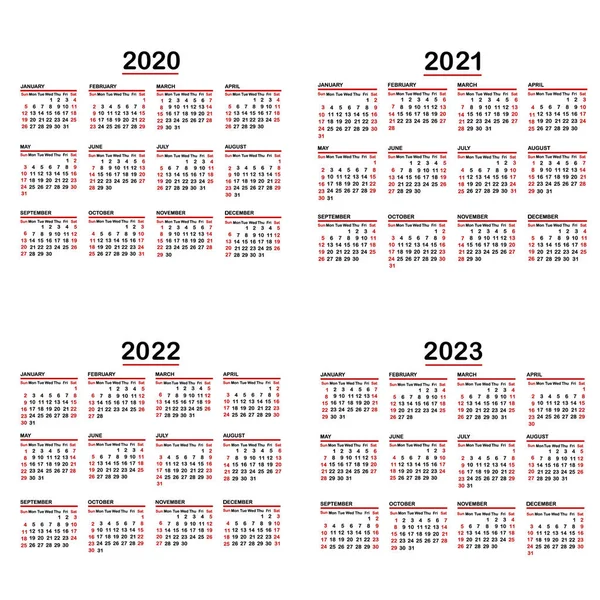 Uppsättning kalendrar på vit bakgrund, år 2020, 2021, 2022, 2 — Stock vektor