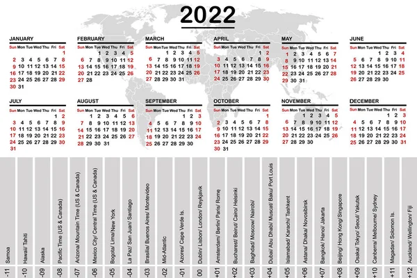 2022年日历，附有世界地图和时区 — 图库矢量图片