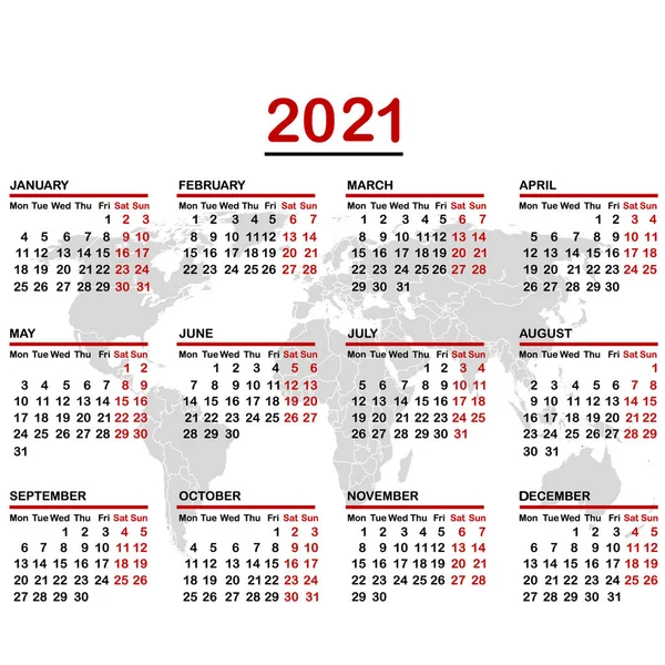 2021年世界地图日历 — 图库矢量图片