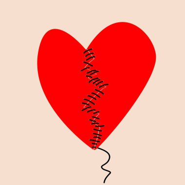 Fixing a broken heart concept with two halves of heart sewed wit clipart