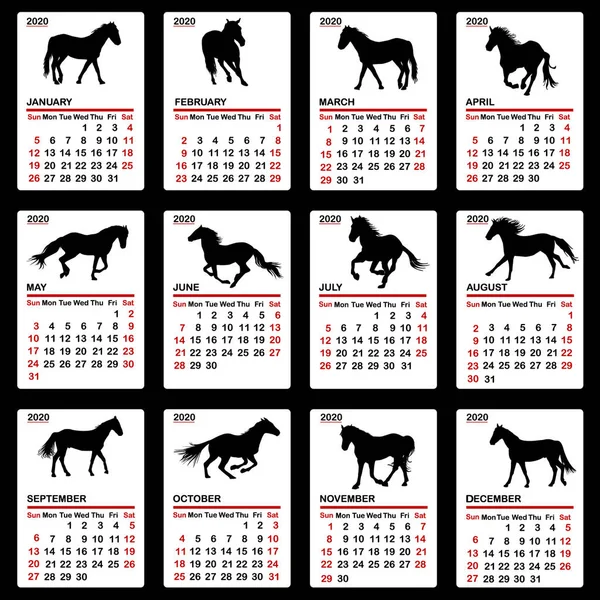 Calendario 2020 con sagome di cavalli — Vettoriale Stock