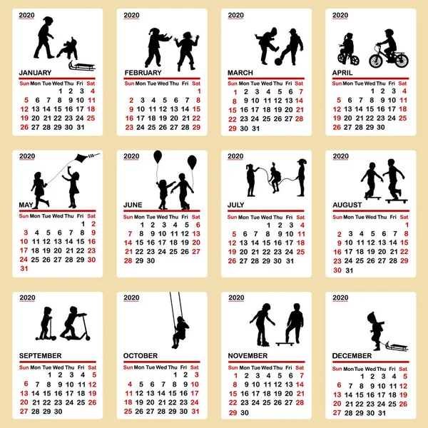 Kalendář 2020 se siluetami dětí — Stockový vektor