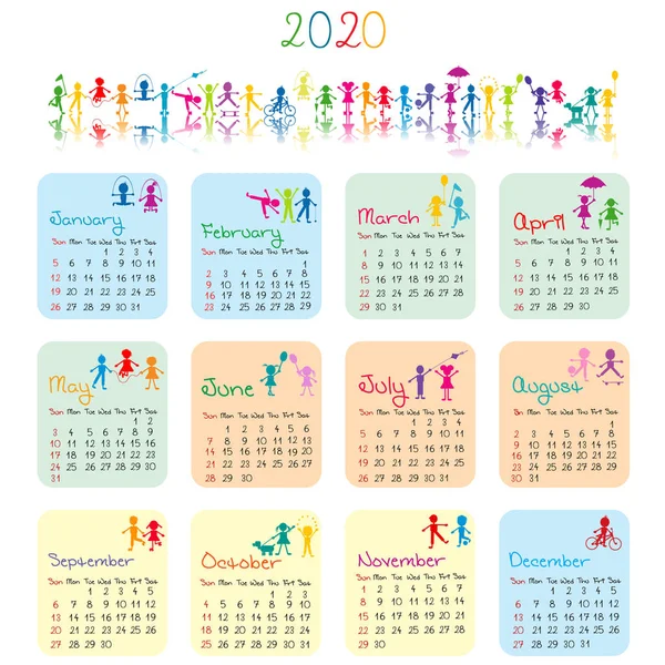 2020 calendar with doodle kids — Stock Vector