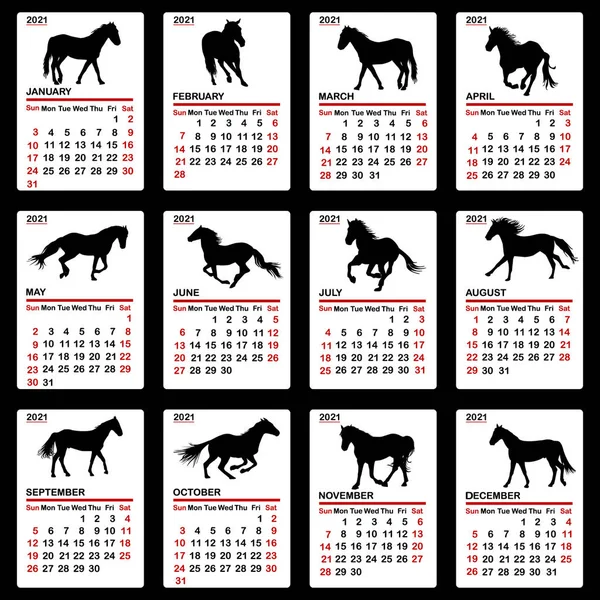 Календарь 2021 года с силуэтами лошадей — стоковый вектор