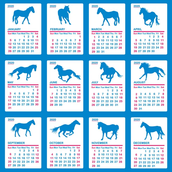 Calendario 2020 con siluetas de caballos azules — Archivo Imágenes Vectoriales