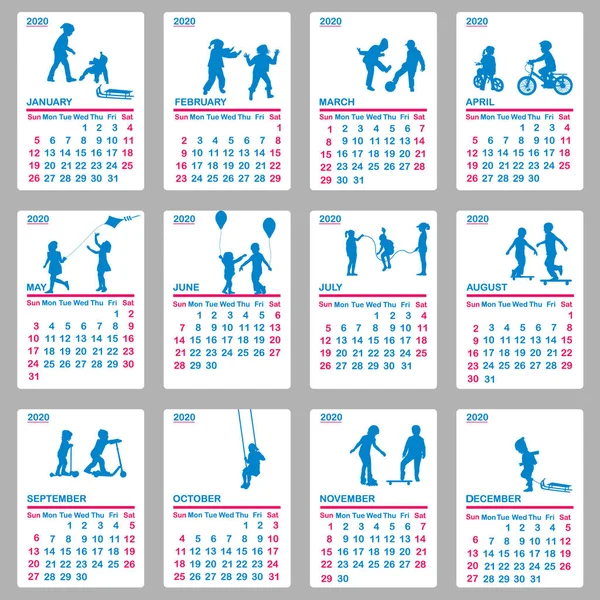 2020 Календар з синіми силуетами дітей, які грають — стоковий вектор