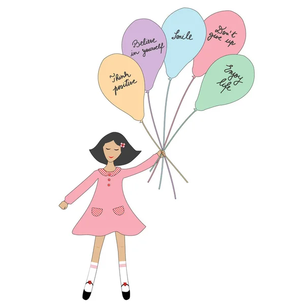 Çizgi film kızı elinde pozitif sloganlı balonlar tutuyor. — Stok Vektör