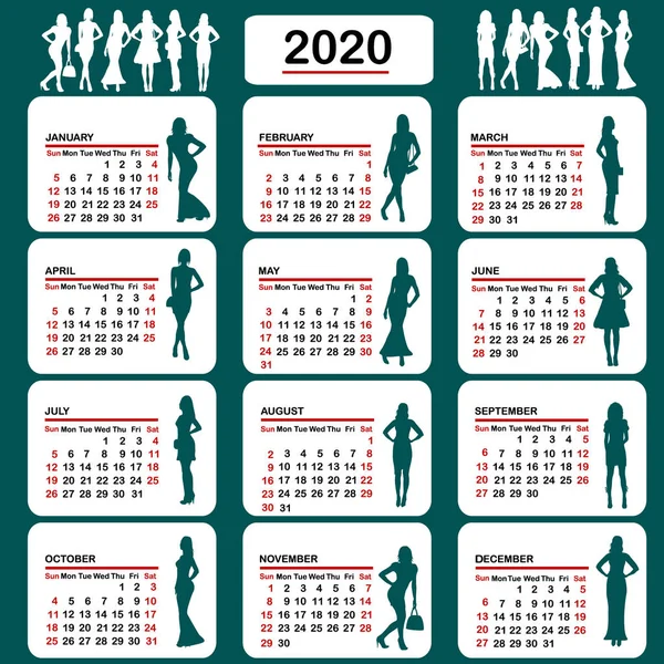 2020 kalender med mode silhuetter av kvinnor — Stock vektor