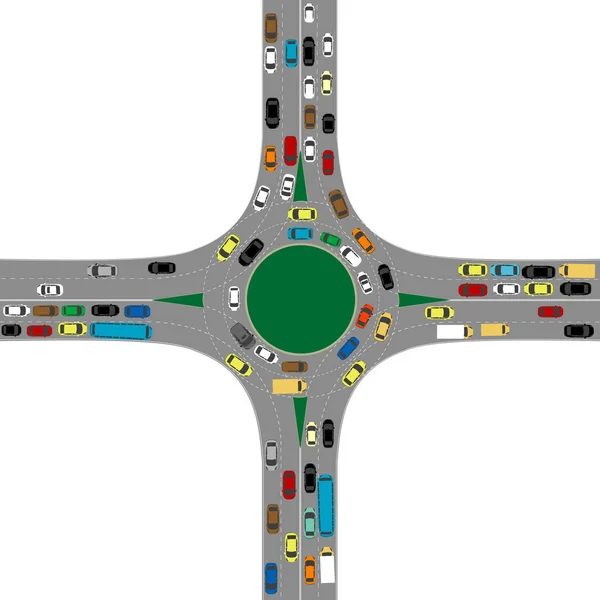 Roundabout junção rodoviária com muitos carros —  Vetores de Stock