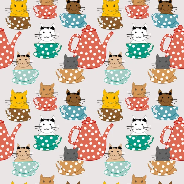 Cartoon cats in cups seamless pattern — Stock Vector