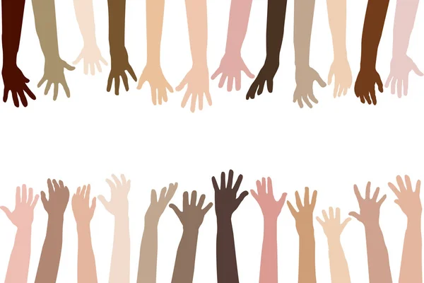 Raised hands of different race skin — Stock Vector