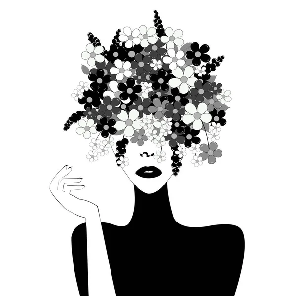 Femme Stylisée Noir Blanc Avec Des Fleurs Dans Tête — Image vectorielle