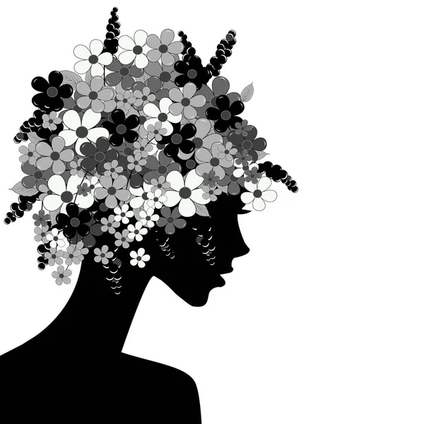 Schwarzes Frauenprofil Mit Blumen Kopf — Stockvektor