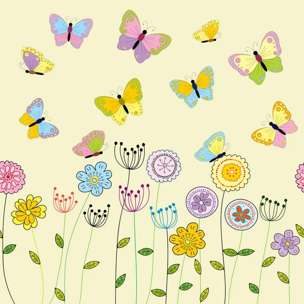 Fundo Floral Primavera Com Doodle Flores Borboletas — Vetor de Stock