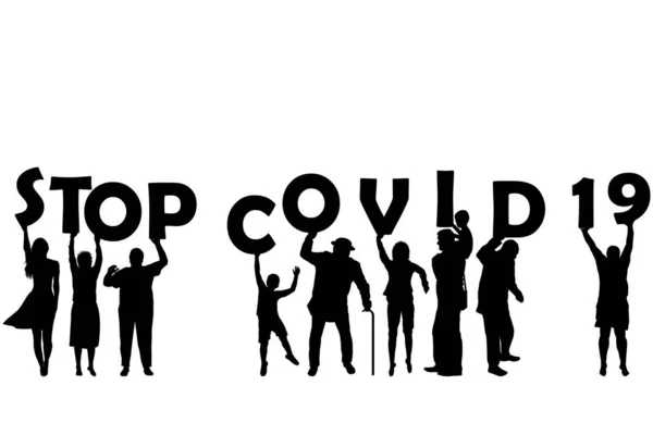 Stop Covid Coronavirus Silhouette Women Men Children Holding Letters — Stock Vector