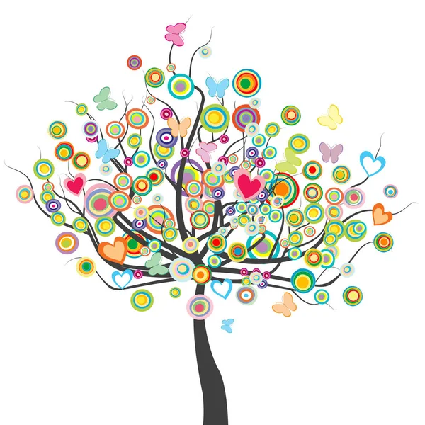 Árbol Colores Con Flores Mariposas Hojas Forma Círculo — Vector de stock