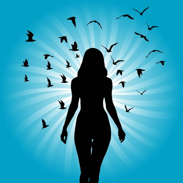 Silhouette Femme Avec Des Oiseaux Volant Autour Elle Sur Fond — Image vectorielle