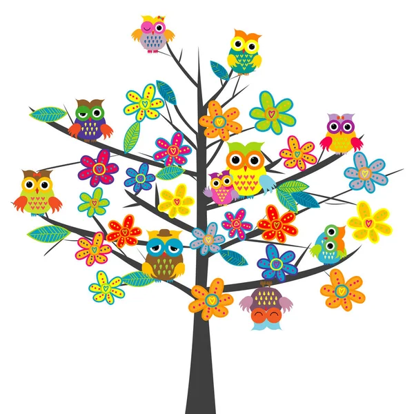 Bunter Baum Mit Blumen Und Cartoon Eulen — Stockvektor