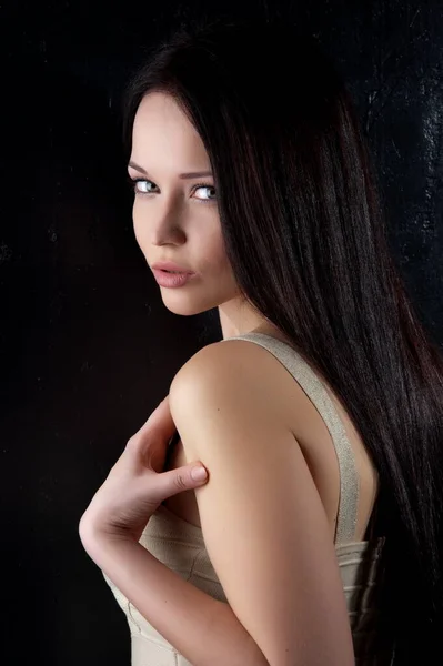 Beautiful Sexy Brunette Girl Posing Black Background — Stock Photo, Image