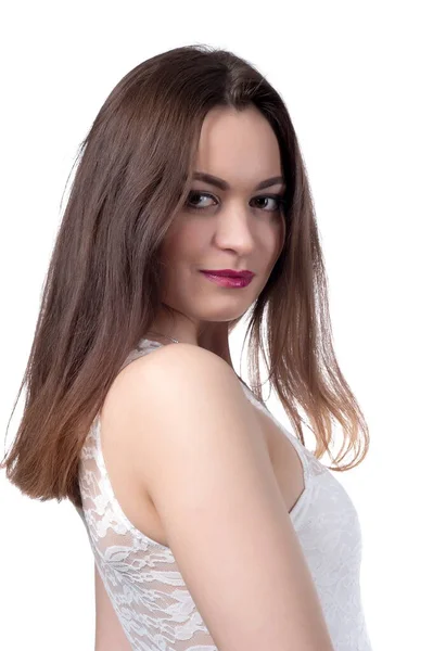 Beautiful Sexy Brunette Girl Bright Red Lips Posing White Background — Stock Photo, Image
