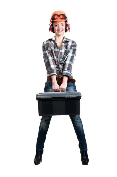 Beautiful Girl Construction Helmet Headphones Tool Box His Hands — Stock Photo, Image