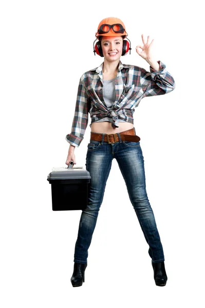 Beautiful Girl Construction Helmet Headphones Tool Box His Hands — Stock Photo, Image