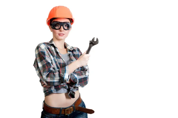 Beautiful Girl Construction Helmet Wrench His Hands — Stock Photo, Image
