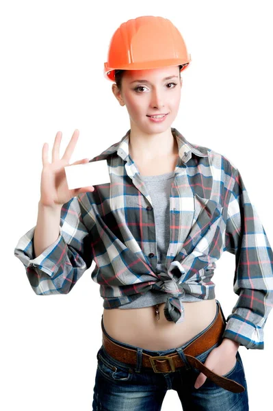 Hermosa Chica Casco Edificio Con Una Tarjeta Visita — Foto de Stock