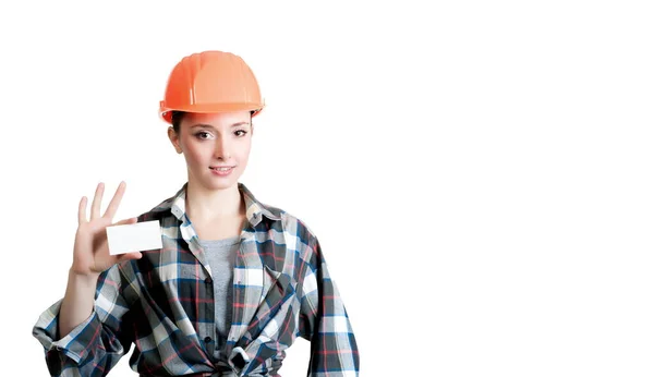 Beautiful Girl Building Helmet Holding Business Card — Stock Photo, Image