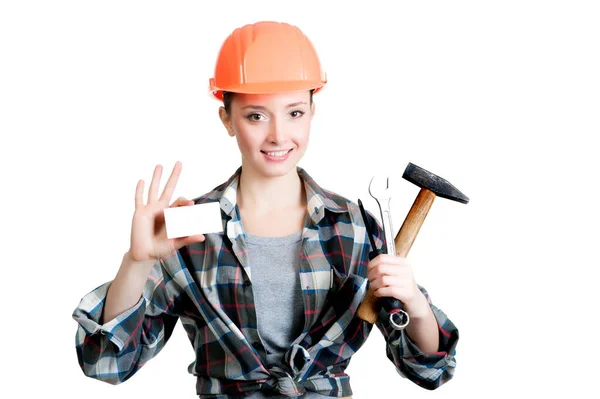 Beautiful Girl Protective Helmet Hammer Shows Business Card — Stock Photo, Image