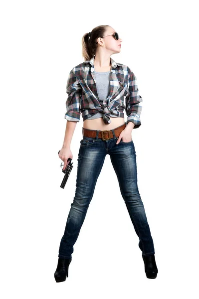 Beautiful Sexy Young Blond Woman Wearing Sunglasses Holding Gun — Stock Photo, Image