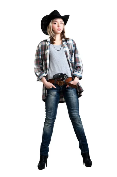 Beautiful Sexy Blonde Girl Wearing Sunglasses Cowboy Hat Gun His — Stock Photo, Image