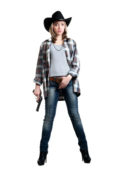 Beautiful Sexy Blonde Girl Wearing Sunglasses Cowboy Hat Holding Gun — Stock Photo, Image