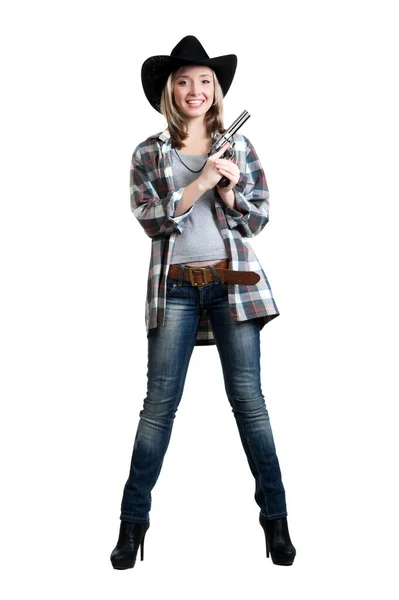 美しいですセクシーブロンドの女の子身に着けていますサングラスとカウボーイハット 持っています銃 — ストック写真