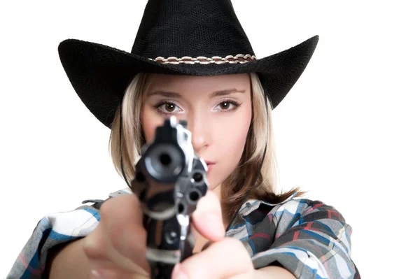 Beautiful Sexy Blonde Girl Wearing Sunglasses Cowboy Hat Aiming Gun — Stock Photo, Image