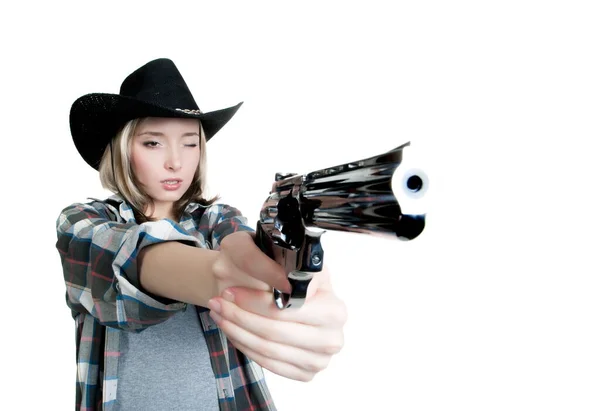 Beautiful Sexy Blonde Girl Wearing Sunglasses Cowboy Hat Aiming Gun — Stock Photo, Image