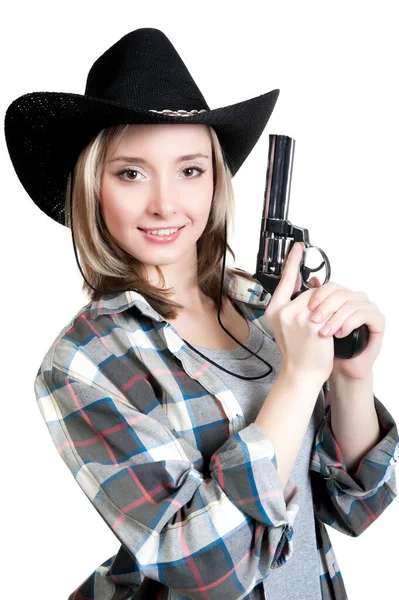 漂亮的金发姑娘 戴着太阳镜 头戴牛仔帽 拿着枪 — 图库照片